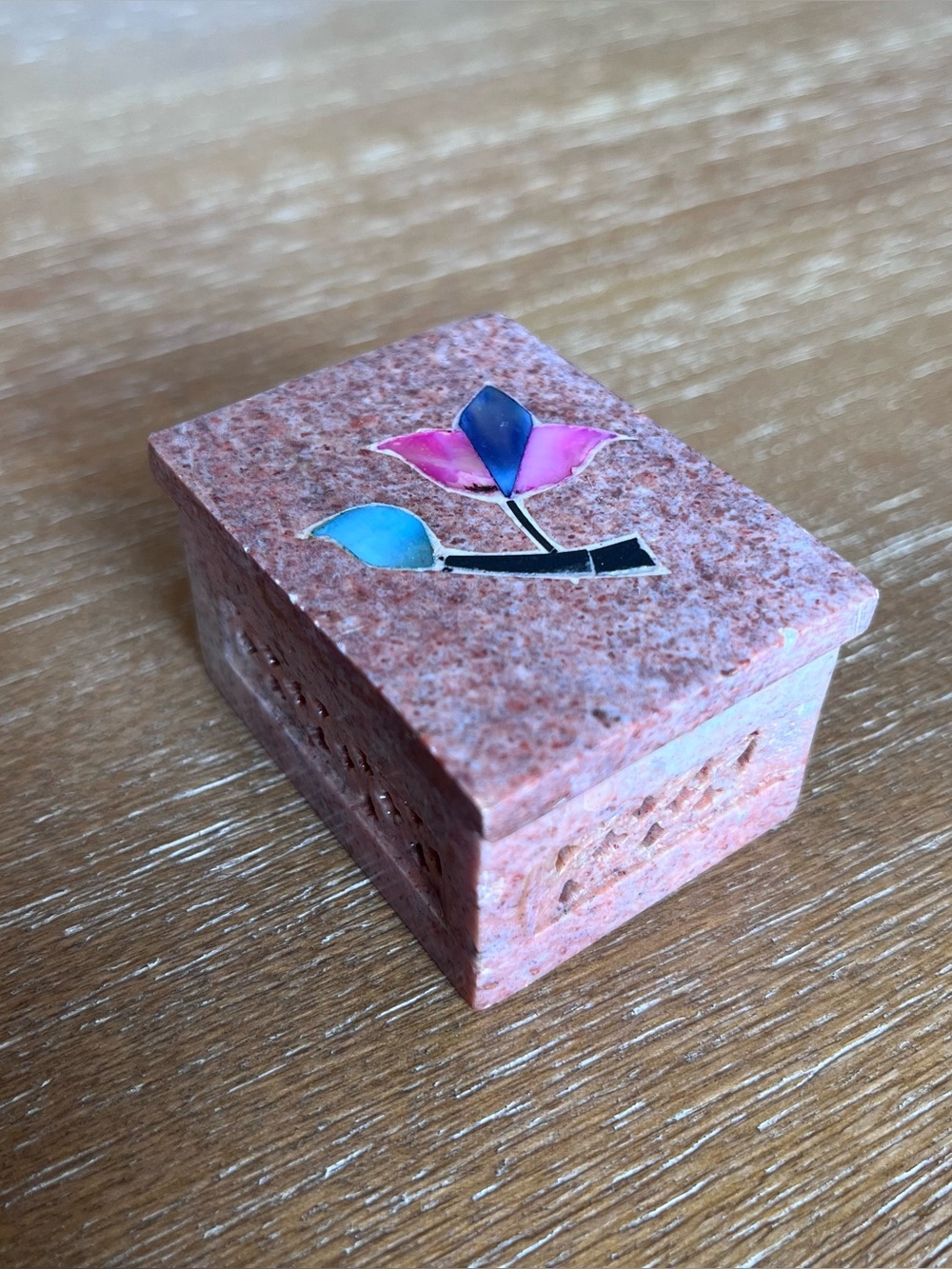 Indian Pink Soap Stone Trinket Box with Inlaid Flower